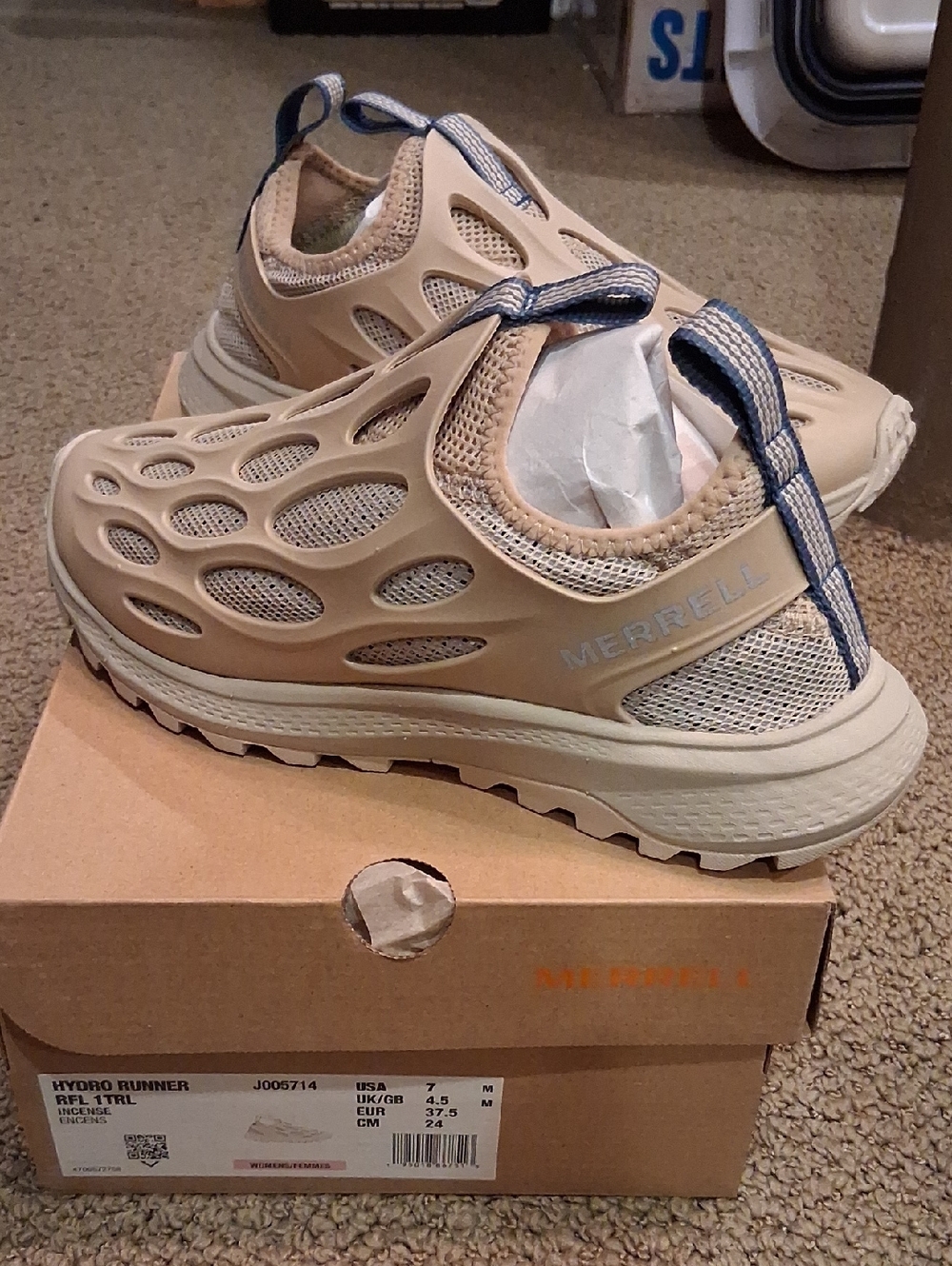 Merrell Hydro Runner Slip-On Sneakers - Beige with Navy Pull Tabs